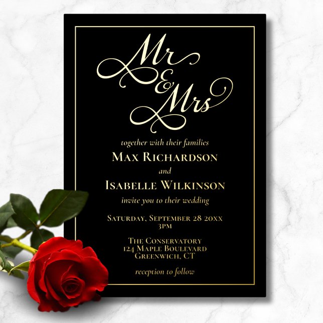 Romantic Script Calligraphy Wedding Gold Foil Invitation (Elegant black minimalist gold foil wedding invitation, Mr and Mrs, script calligraphy typography)