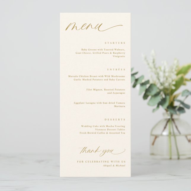 Romantic Script Cream and Gold Wedding Menus (Standing Front)