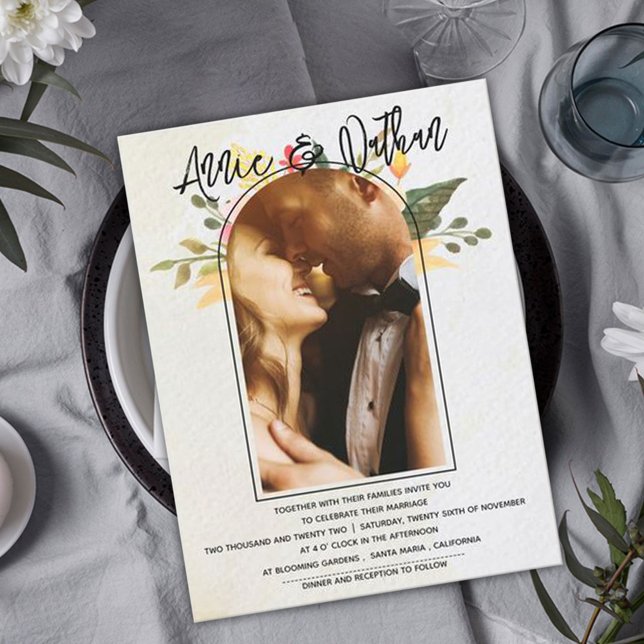 Romantic Script Elegant Floral Arch Photo Wedding Postcard (Creator Uploaded)