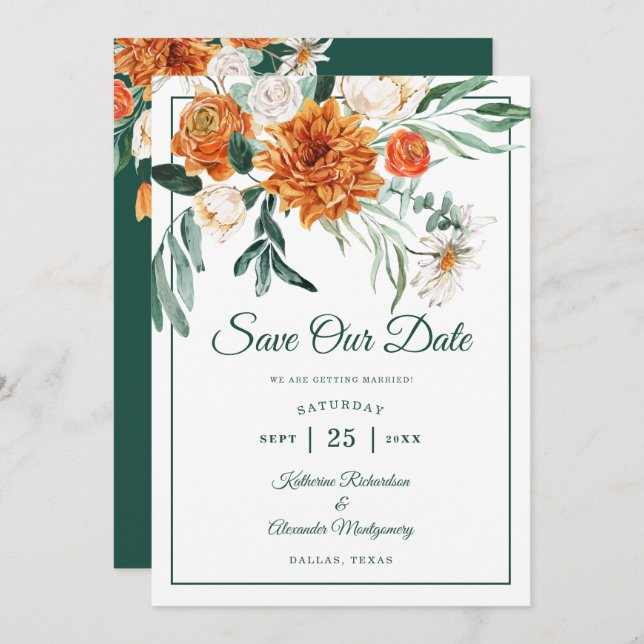 Romantic Script Green Autumn Floral Wedding Photo Save The Date (Front/Back)