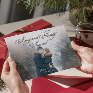 romantic script merry and married newlyweds photo holiday card