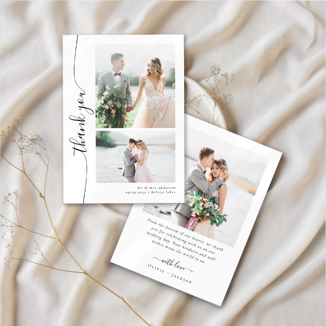 Romantic Script Multiple Photo Wedding Thank You Card (Creator Uploaded)