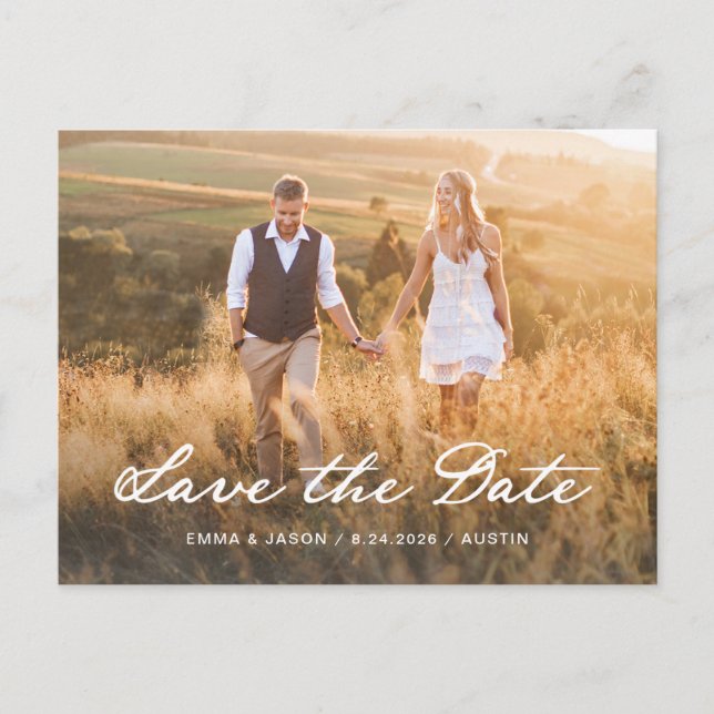 Romantic Script | Photo and QR Code Save The Date Postcard (Front)