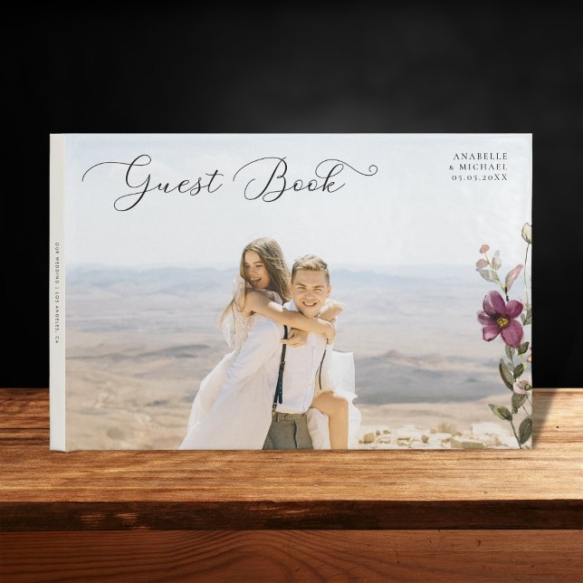 Romantic Script Photo & Wildflowers Ivory Wedding  Guest Book (Creator Uploaded)