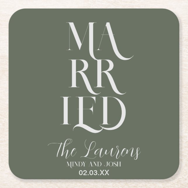 Romantic Script Sage GREEN Married Wedding   Square Paper Coaster (Front)