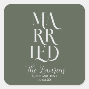 Romantic Script Sage GREEN Married Wedding Square Sticker