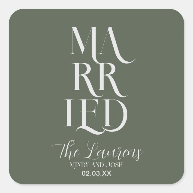 Romantic Script Sage GREEN Married Wedding  Square Sticker (Front)