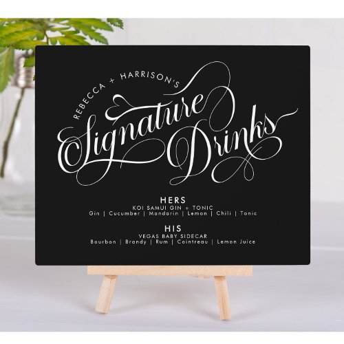 Romantic Script Signature Drinks Black Wedding Plaque