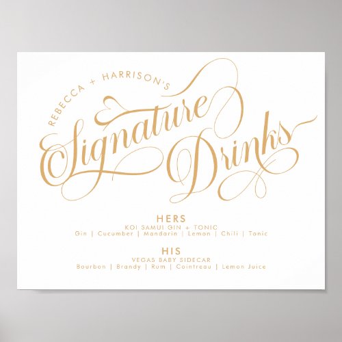 Romantic Script Signature Drinks Wedding Bar Gold Poster