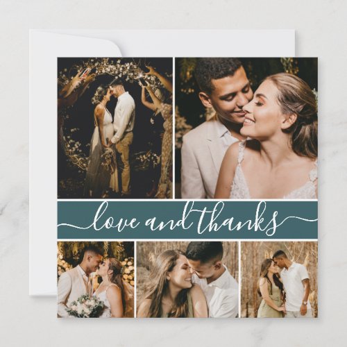 Romantic Script Teal 5 Photo Collage Wedding Thank You Card