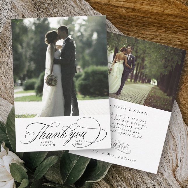 Romantic Script Wedding 2 Photo Thank You Card (Front & Back)