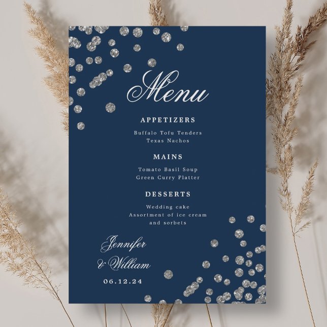 Romantic Script Wedding Confetti Silver Navy  Menu (Romantic Script Wedding Confetti Silver Navy Menu)