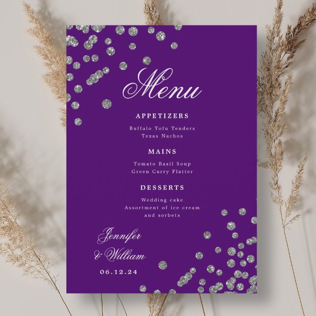 Romantic Script Wedding Confetti Silver Purple  Menu (Romantic Script Wedding Confetti Silver Purple Menu)