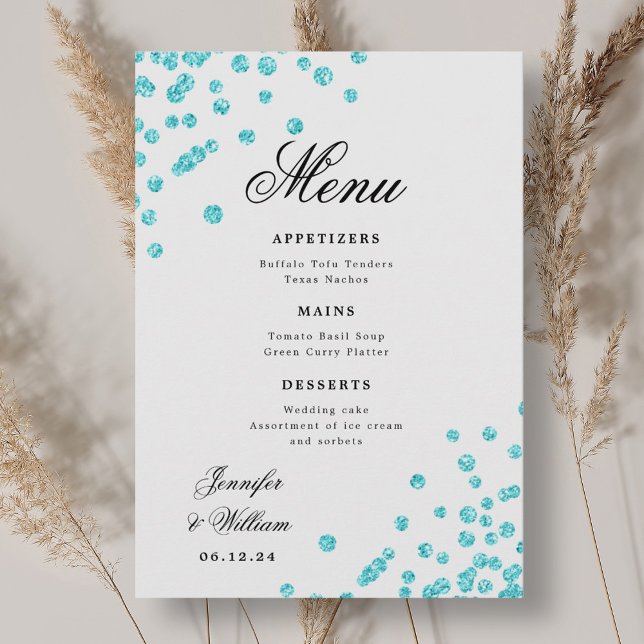 Romantic Script Wedding Confetti Turquoise  Menu (Romantic Script Wedding Confetti Turquoise Menu)