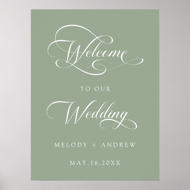 Romantic Script Wedding Sage Green Welcome Sign (Front)
