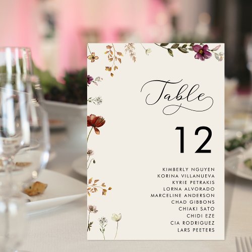 Romantic Script Wildflowers Ivory Seating Chart  Table Number