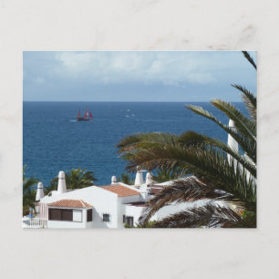 Romantic sea landscape with palm postcard