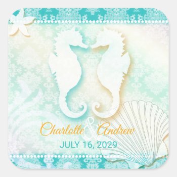 Romantic Seahorse Pair Beach Wedding Save The Date Square Sticker by BridalHeaven at Zazzle