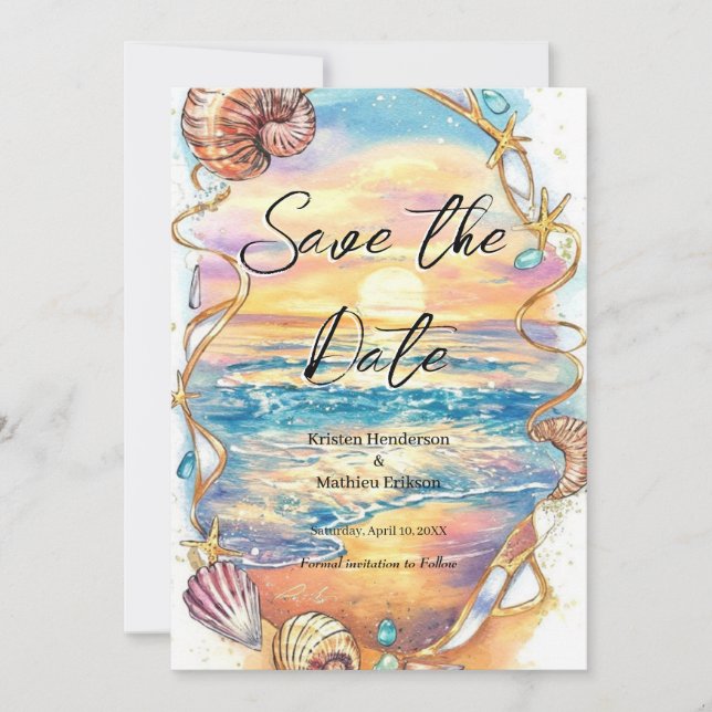 Romantic Seashells Beach Wedding Save The Date (Front)