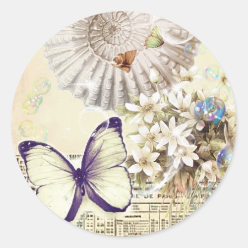 romantic seashells butterfly botanical wedding classic round sticker