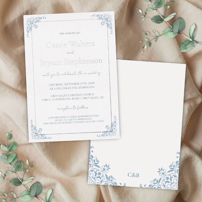 Romantic Shabby Chic Blue and White Wedding Foil Invitation (Formal blue and white with silver foil wedding invitations with romantic floral border for vintage )