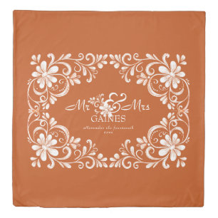 Romantic Shabby Chic Burnt Orange Mr & Mrs Floral Duvet Cover