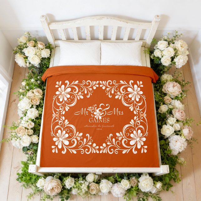 Romantic Shabby Chic Burnt Orange Mr & Mrs Floral Duvet Cover (Creator Uploaded)