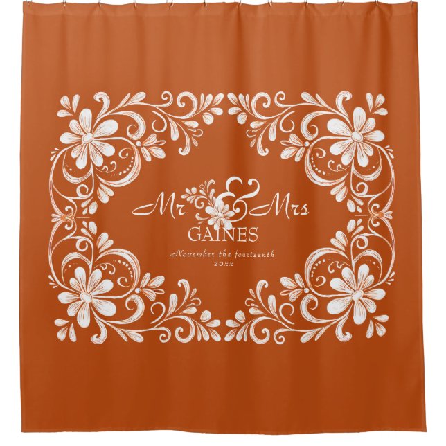 Romantic Shabby Chic Burnt Orange Mr & Mrs Wedding Shower Curtain (Front)