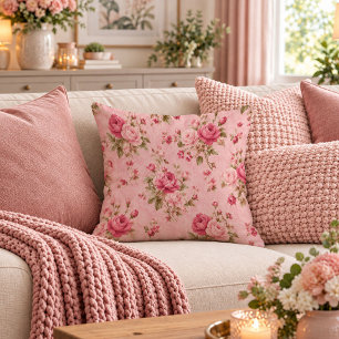 Romantic Shabby Chic Hot Pink Floral Birthday Gift Throw Pillow
