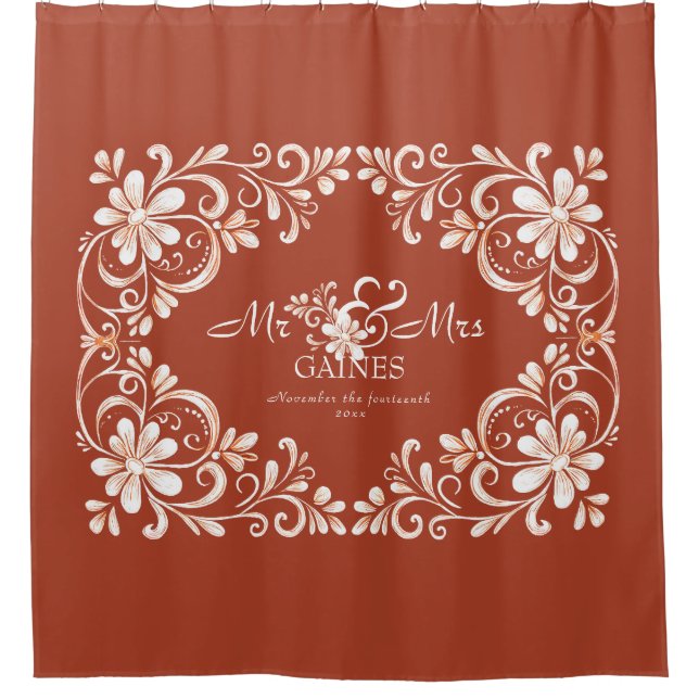Romantic Shabby Chic Red Rust Mr & Mrs Wedding Shower Curtain (Front)