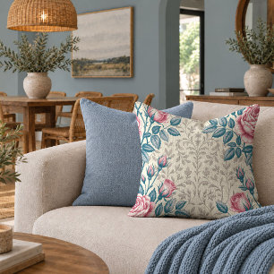 Romantic Shabby Chic Roses Blush Pastel Blue Pillo Throw Pillow