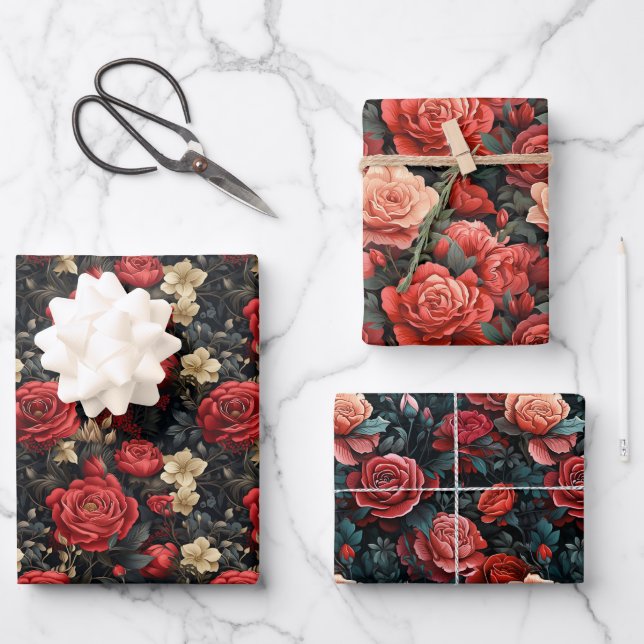 Romantic Shades of Red Roses Wrapping Paper Sheets (Front)