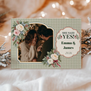 Romantic She Said Yes Christmas Engagement Photo Holiday Card