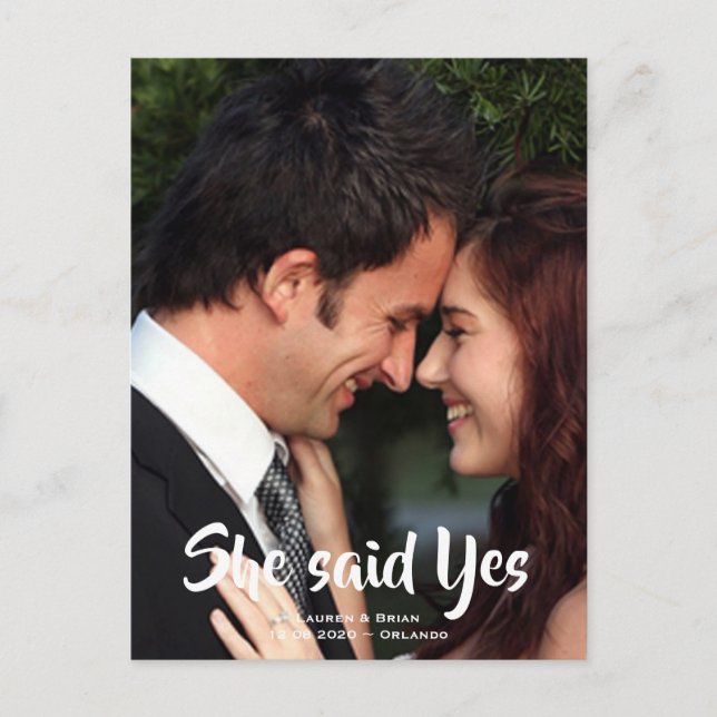 Romantic She said Yes Photo Save the Date Announcement Postcard (Front)