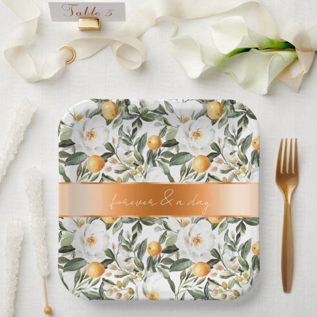 Romantic Sicilian Summer Floral Oranges Wedding Paper Plates (Wedding)