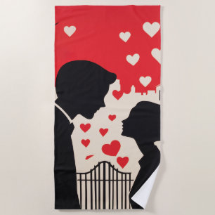 Romantic Silhouette Couple Cityscape Hearts Beach Towel