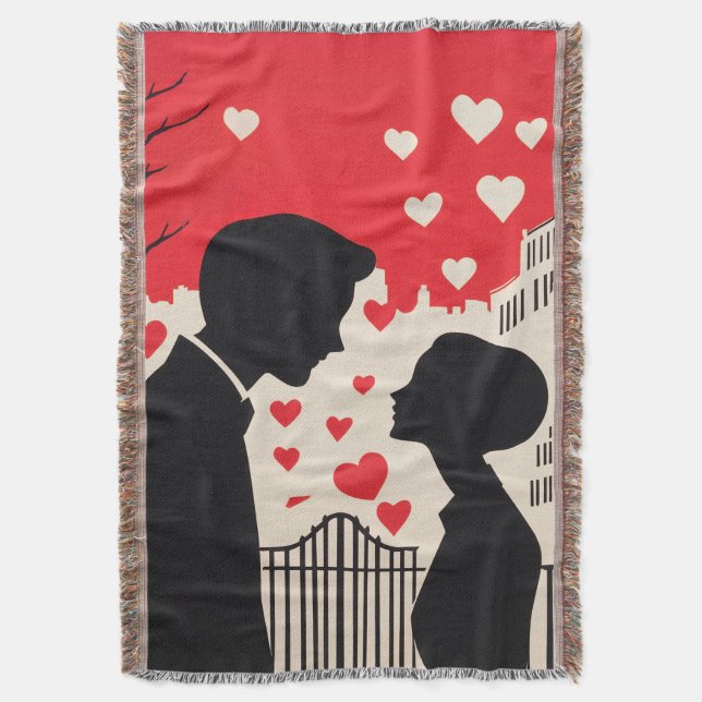 Romantic Silhouette Couple Cityscape Hearts Throw Blanket (Front Vertical)