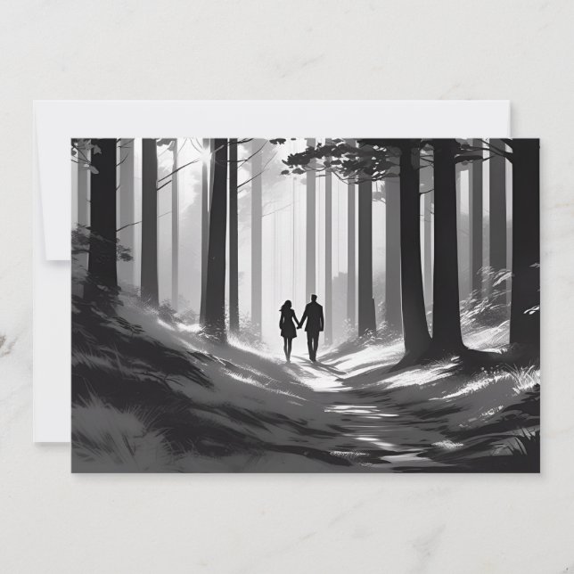 Romantic Silhouette Couple Forest Stroll Announcement (Front)
