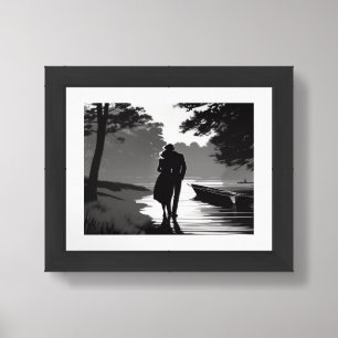Romantic Silhouette Couple Lakeside Stroll Framed Art