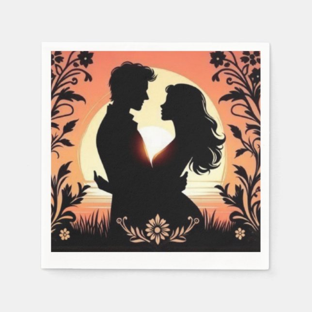 Romantic Silhouette: Lovers' Moonlit Embrace Napkins (Front)