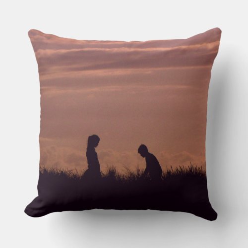 Romantic Silhouette Young People Sunset Photo Throw Pillow