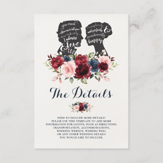 Romantic Silhouettes Navy Maroon Floral Details Enclosure Card (Front)