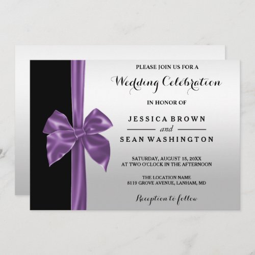 Romantic Silk Bow Silver  Black Wedding Invitation