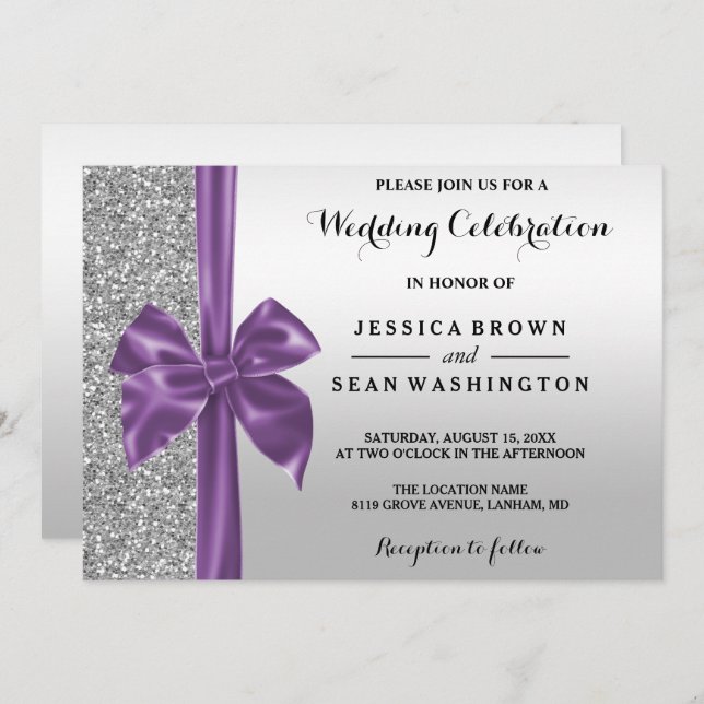 Romantic Silk Bow Silver Glitter & Black Wedding Invitation (Front/Back)