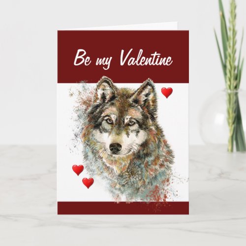 Romantic Silly Watercolor Wolf Valentine Holiday Card