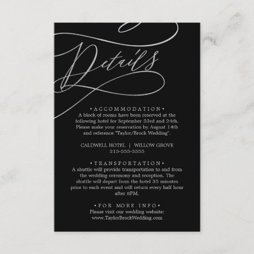 Romantic Silver Calligraphy Black Wedding Details Enclosure Card