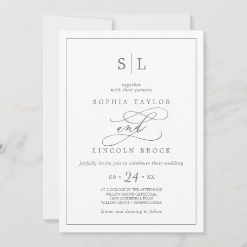 Romantic Silver Calligraphy Monogram Wedding Invitation