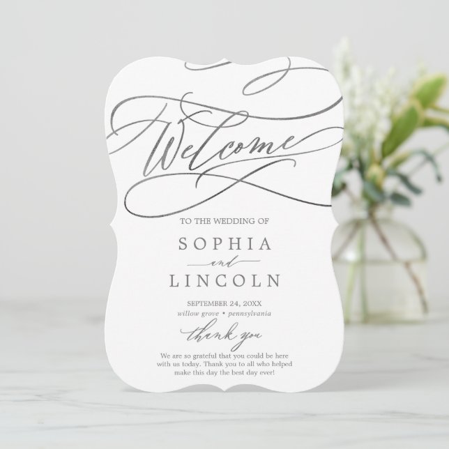 Romantic Silver Calligraphy Wedding Program (Standing Front)