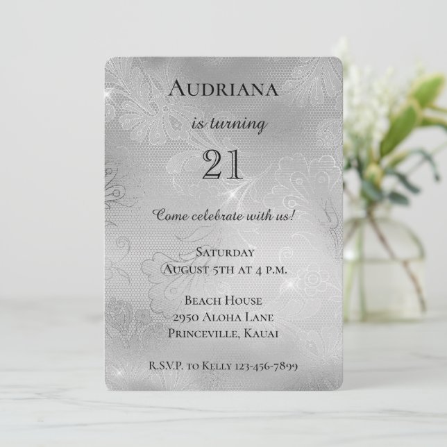 Romantic Silver Floral Lace Birthday Invitation (Standing Front)