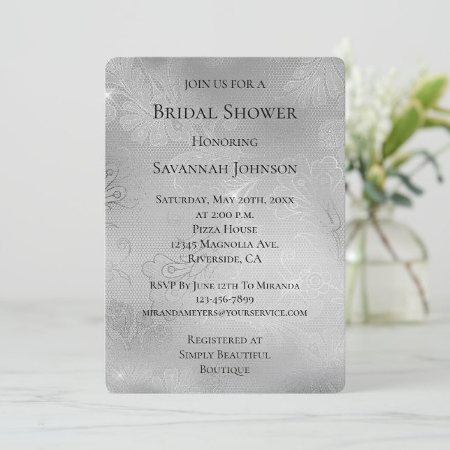 Romantic Silver Floral Lace Bridal Shower Invitation (Standing Front)